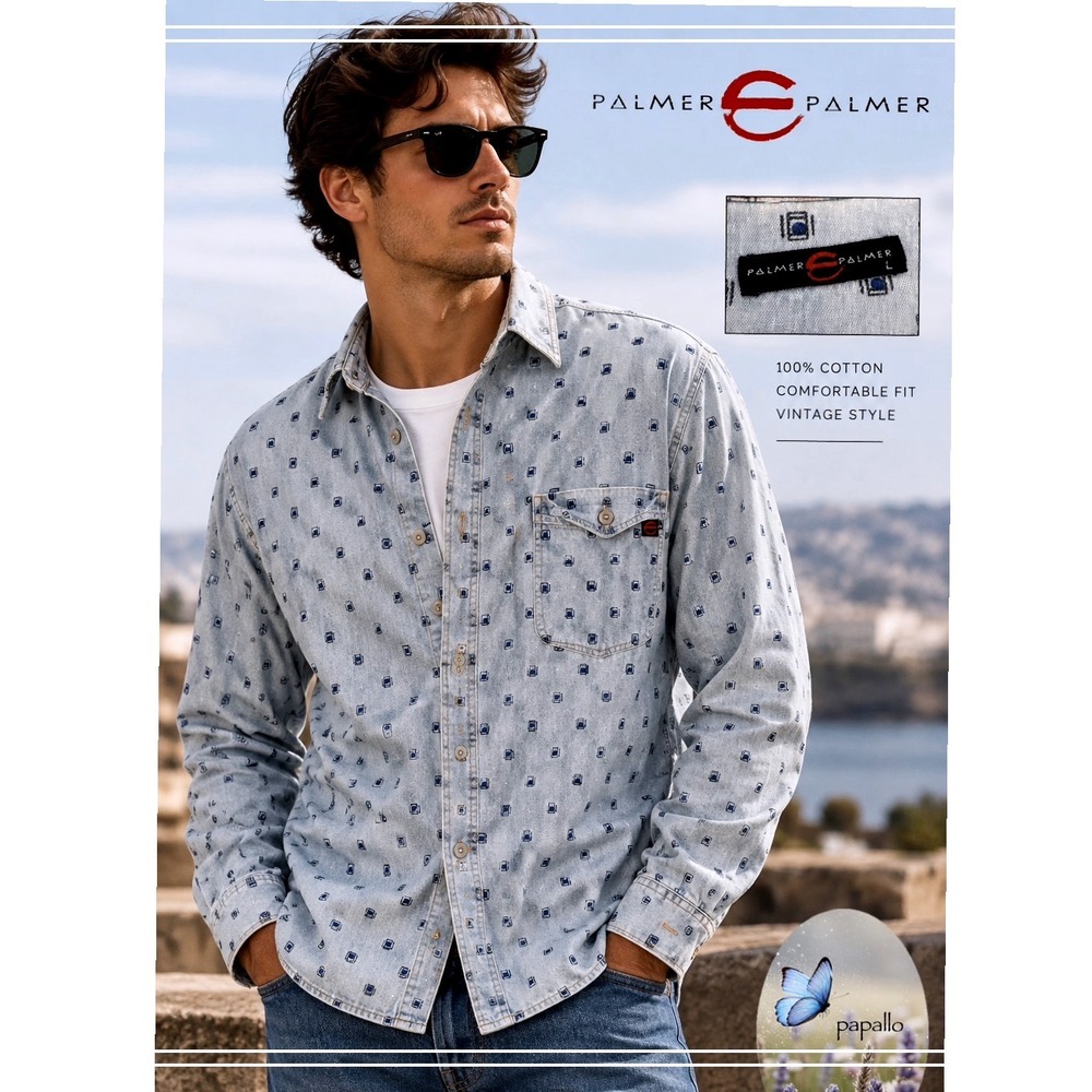 Palmer Palmer Vintage Style Denim Shirt Mens Large Blue Geometric Print Cotton